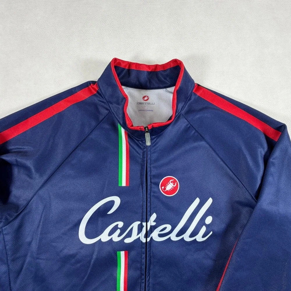 Castelli Mens XXL Navy Blue Full Zip Cycling Jacket Fleece Lined Italian Stripe